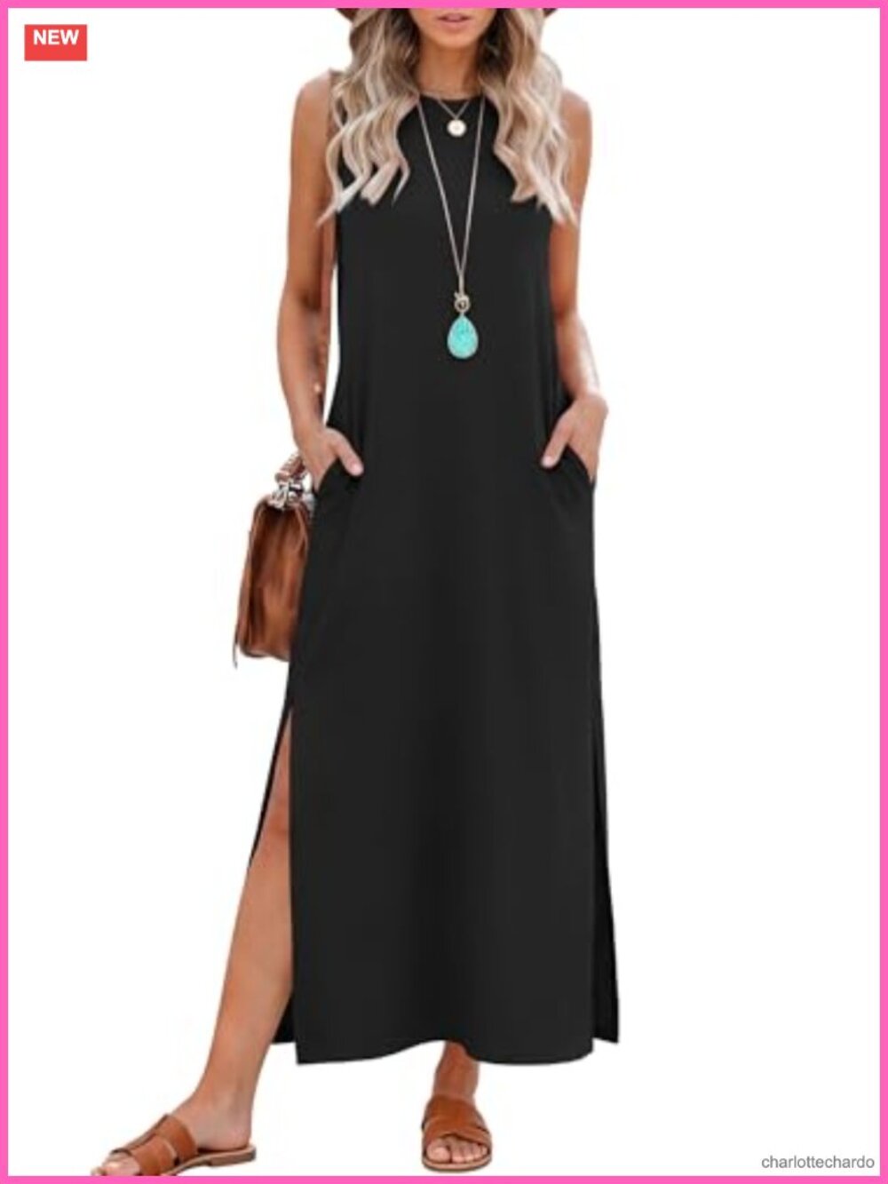 Sleeveless Maxi Dress with Pockets Flowy Crewneck Casual Summer